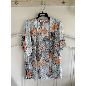 Chicos Flowy Floral Open Shirt Tunic Size 1 Orange Blue Cruise Resort